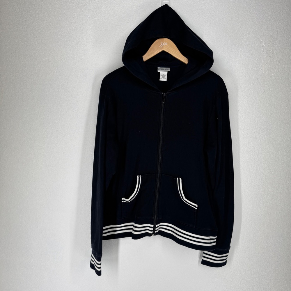 Vintage Tennis Prep Striped Trim Hoodie Zip XL Black Nautical Pockets Preppy